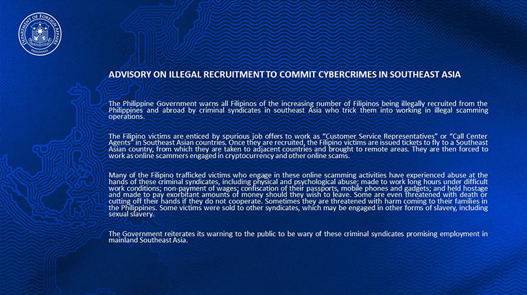 [PUBLIC ADVISORY] ADVISORY ON ILLEGAL RECRUITMENT TO COMMIT CYBERCRIMES IN SOUTHEAST ASIA